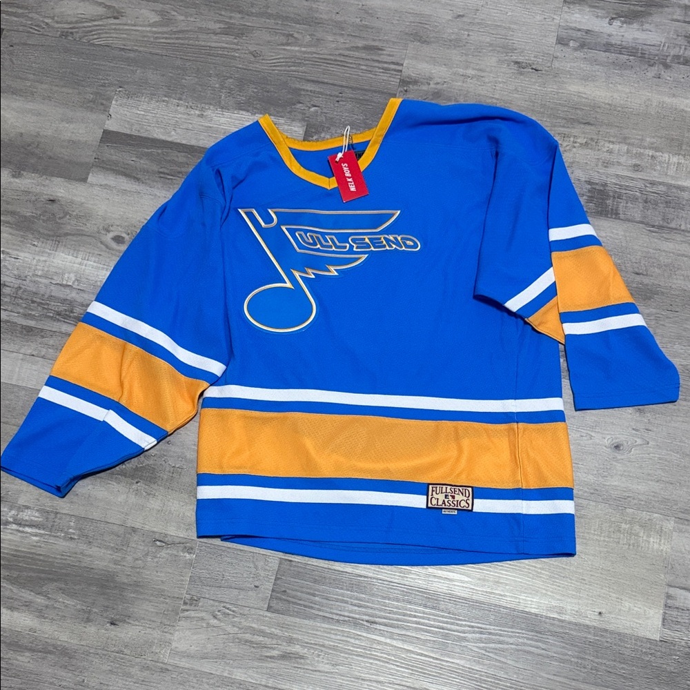 Full Send Men's Blue and Orange Hockey Jersey